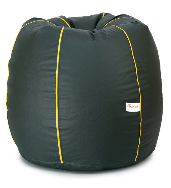 Buy Classic XXXL Bean Bag with Beans in Dark Green Colour with Yellow Piping by Sattva Online