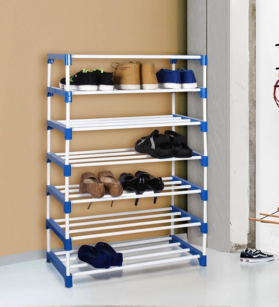 Buy Club Multipurpose 7 Tier Steel Shoe Rack In White Blue Colour By Cgs Online Open Shoe Racks Shoe Racks Furniture Pepperfry Product