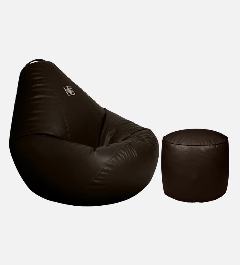 Buy Classy XXL Leatherette Bean Bag Cover in Brown Colour with Pouffe