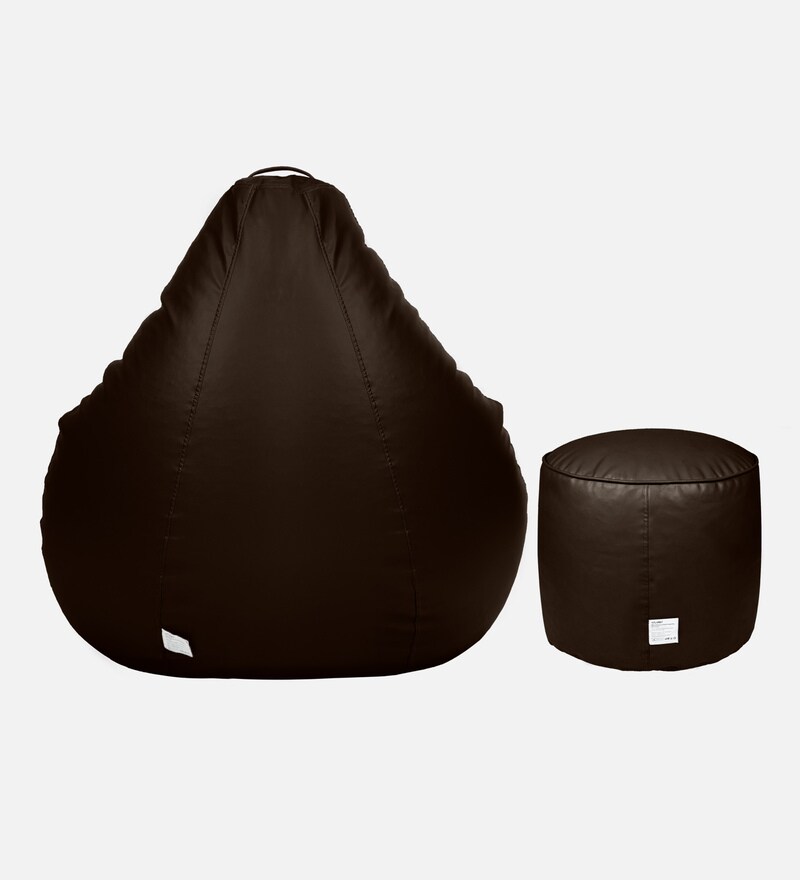 Buy Classy XXL Leatherette Bean Bag Cover in Brown Colour with Pouffe