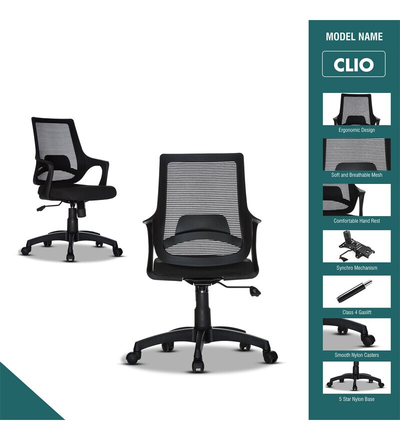 Buy Clio Mid Back Ergonomic Office Chair in Black Colour by Teal Online
