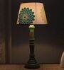 Classic European Style Inspired Mangowood Aqua Green Table Lamp With Dahlia Floral Print Satin Shade