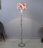 Classic Rustic White Mango Wood Base Floor Lamps Carnation Print Satin Shade