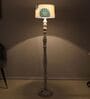 Classic Rustic White Mango Wood Base Floor Lamps Dahlia Floral Print Satin Shade
