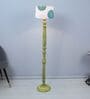 Classic Rustic Yellow Mango Wood Base Floor Lamps Dahlia Floral Print Satin Shade