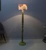 Classic Rustic Yellow Mango Wood Base Floor Lamps English Oak Print Satin Shade