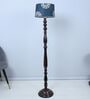 Classic Vintage Brown Mango Wood Base Floor Lamps French Floral Print Satin Shade