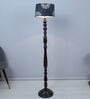 Classic Vintage Brown Mango Wood Base Floor Lamps French Floral Print Satin Shade