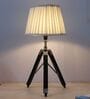 Classic Vintage Tripod Black Mangowood Table Lamp With Off White Satin Shade