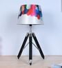 Classic Vintage Tripod Black Mangowood Table Lamp With Abstract Print Satin Shade