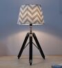 Classic Vintage Tripod Black Mangowood Table Lamp With Maze Print Satin Shade