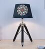 Classic Vintage Tripod Black Mangowood Table Lamp With French Floral Print Satin Shade