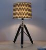 Classic Vintage Tripod Black Mangowood Table Lamp With Chevron Print Satin Shade