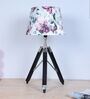 Classic Vintage Tripod Black Mangowood Table Lamp With Cobra Saffron Print Satin Shade