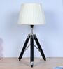 Classic Vintage Tripod Black Mangowood Table Lamp With Off White Satin Shade