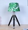 Classic Vintage Tripod Black Mangowood Table Lamp With Palm Print Satin Shade