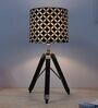 Classic Vintage Tripod Black Mangowood Table Lamp With Geometric Print Satin Shade