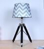 Classic Vintage Tripod Black Mangowood Table Lamp With Maze Print Satin Shade