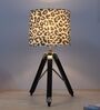 Classic Vintage Tripod Black Mangowood Table Lamp With Leopard Print Satin Shade