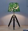 Classic Vintage Tripod Black Mangowood Table Lamp With Palm Print Satin Shade
