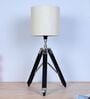 Classic Vintage Tripod Black Mangowood Table Lamp With Off White Satin Shade