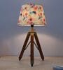 Classic Vintage Tripod Brown Mangowood Table Lamp With Flower Print Satin Shade