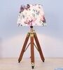 Classic Vintage Tripod Brown Mangowood Table Lamp With Cobra Saffron Print Satin Shade
