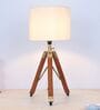 Classic Vintage Tripod Brown Mangowood Table Lamp With Off White Cotton Shade