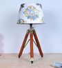 Classic Vintage Tripod Brown Mangowood Table Lamp With English Oak Print Satin Shade