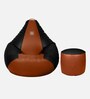 Classy XL Leatherette Bean Bag with Beans in Black & Tan Colour with Pouffe