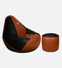 Classy XL Leatherette Bean Bag with Beans in Black & Tan Colour with Pouffe