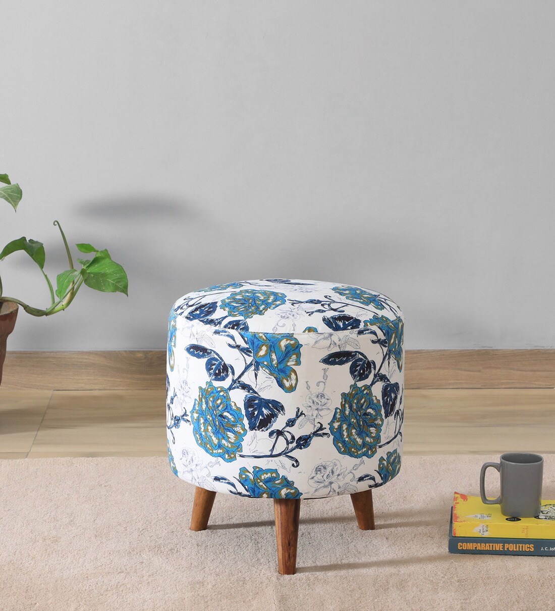 Buy Colby Solid Wood Seating Stool With Light Floral Print Online