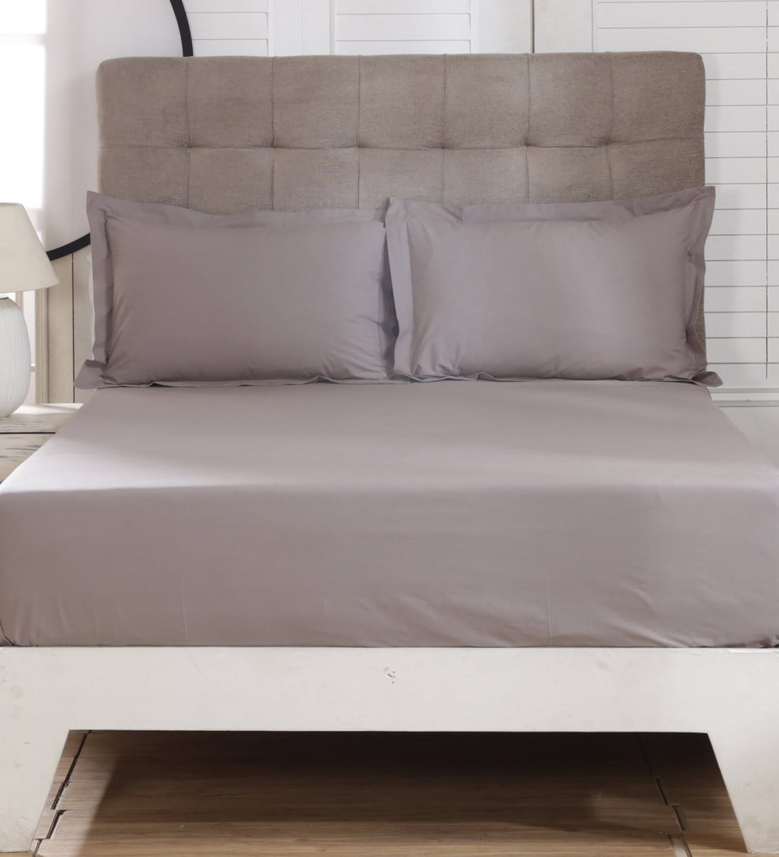 Buy Grey Solid 200 TC Cotton 1 Double King Size Bedsheet with 2 Pillow