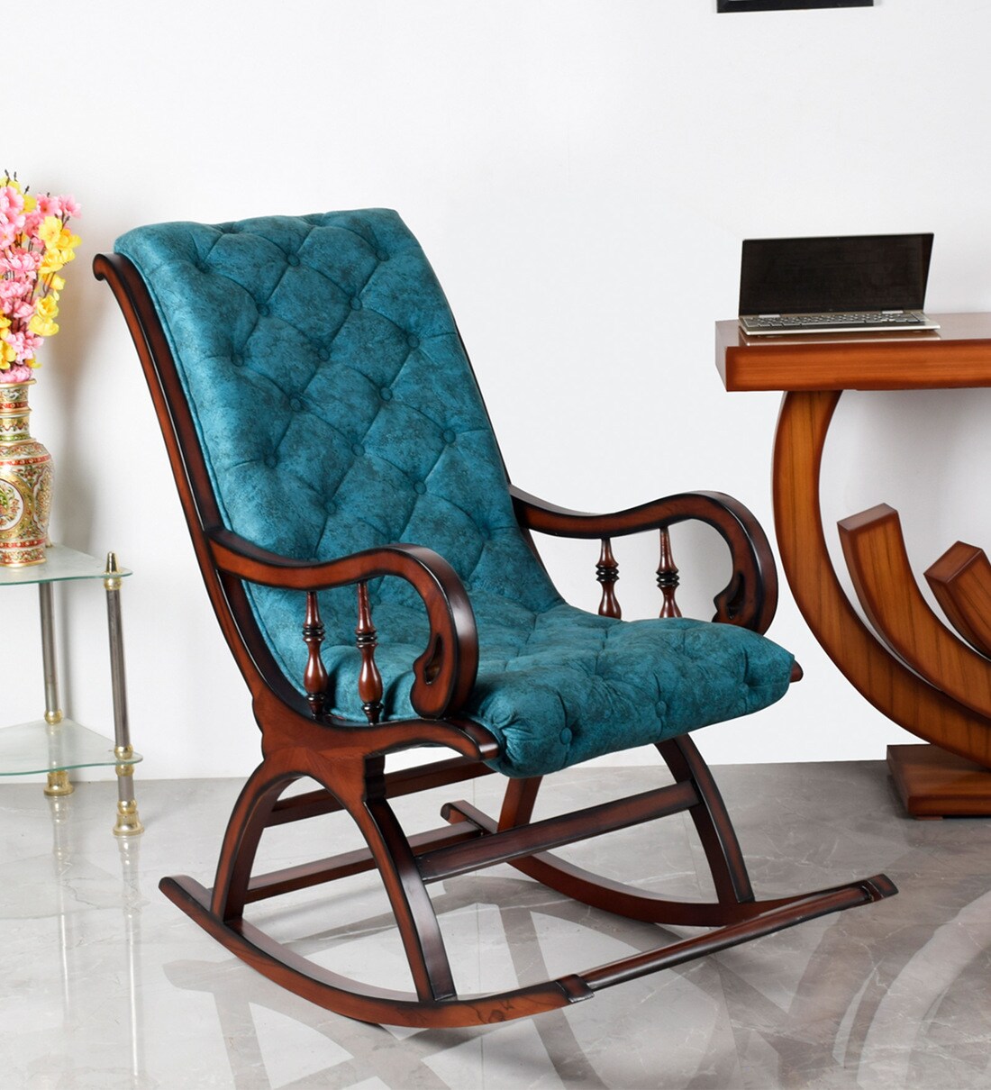 Buy Colorodo Solid Wood Rocking Chair in Blue Colour Online Rocking