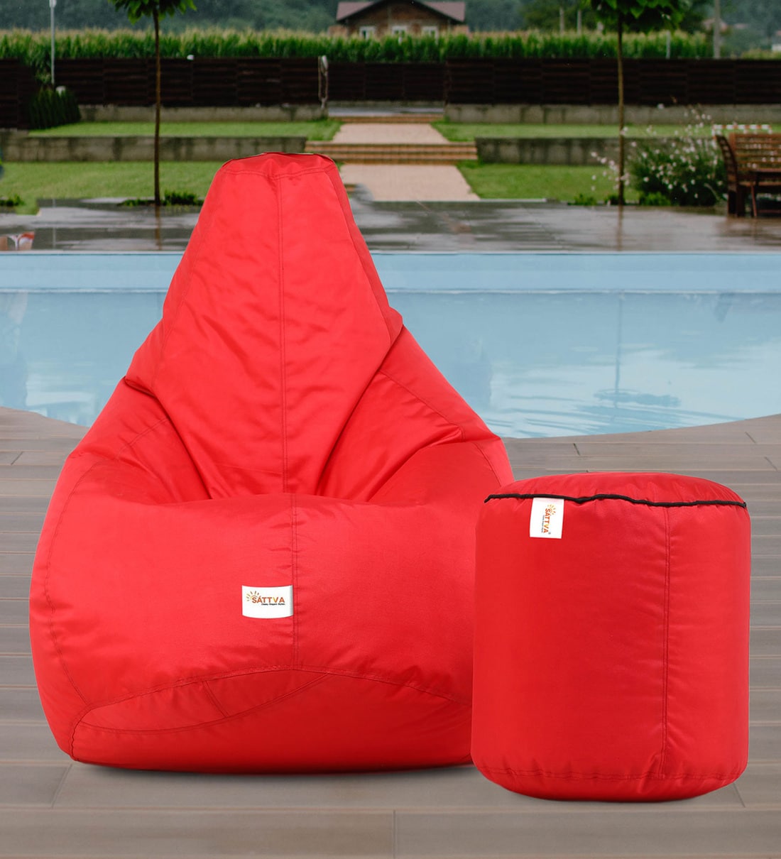 Buy Combo Classic XXXL All Weather Outdoor Bean Bag & Round Pouffe with  Beans In Red Colour at 44% OFF by Sattva | Pepperfry