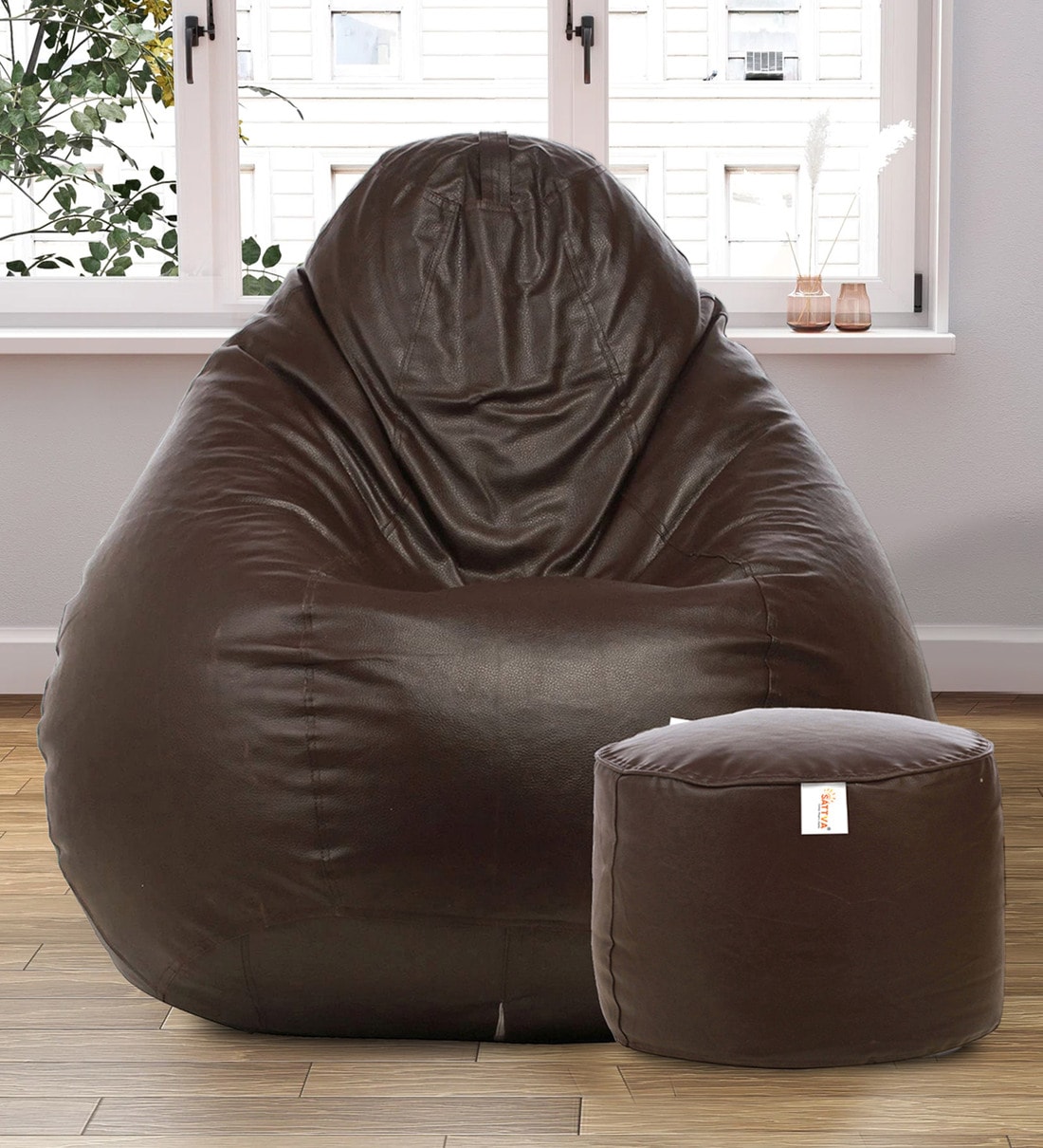 Buy Combo Classic XXXL Filled Bean Bag & Round Pouffe In Brown Color By