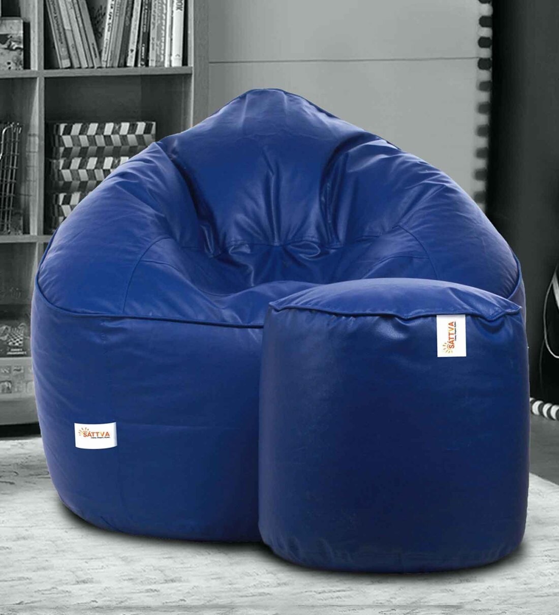 Buy Combo Muddha XXXL Bean Bag & Round Pouffe with Beans in Royal Blue