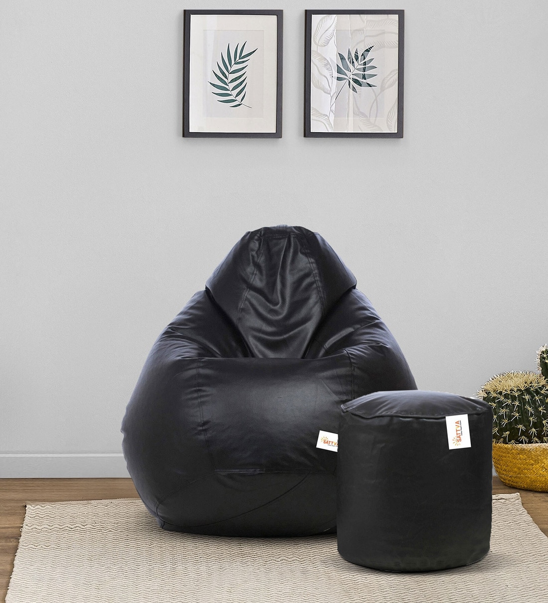 Buy Combo XXXL Leatherette Bean Bag with Beans in Black Colour with