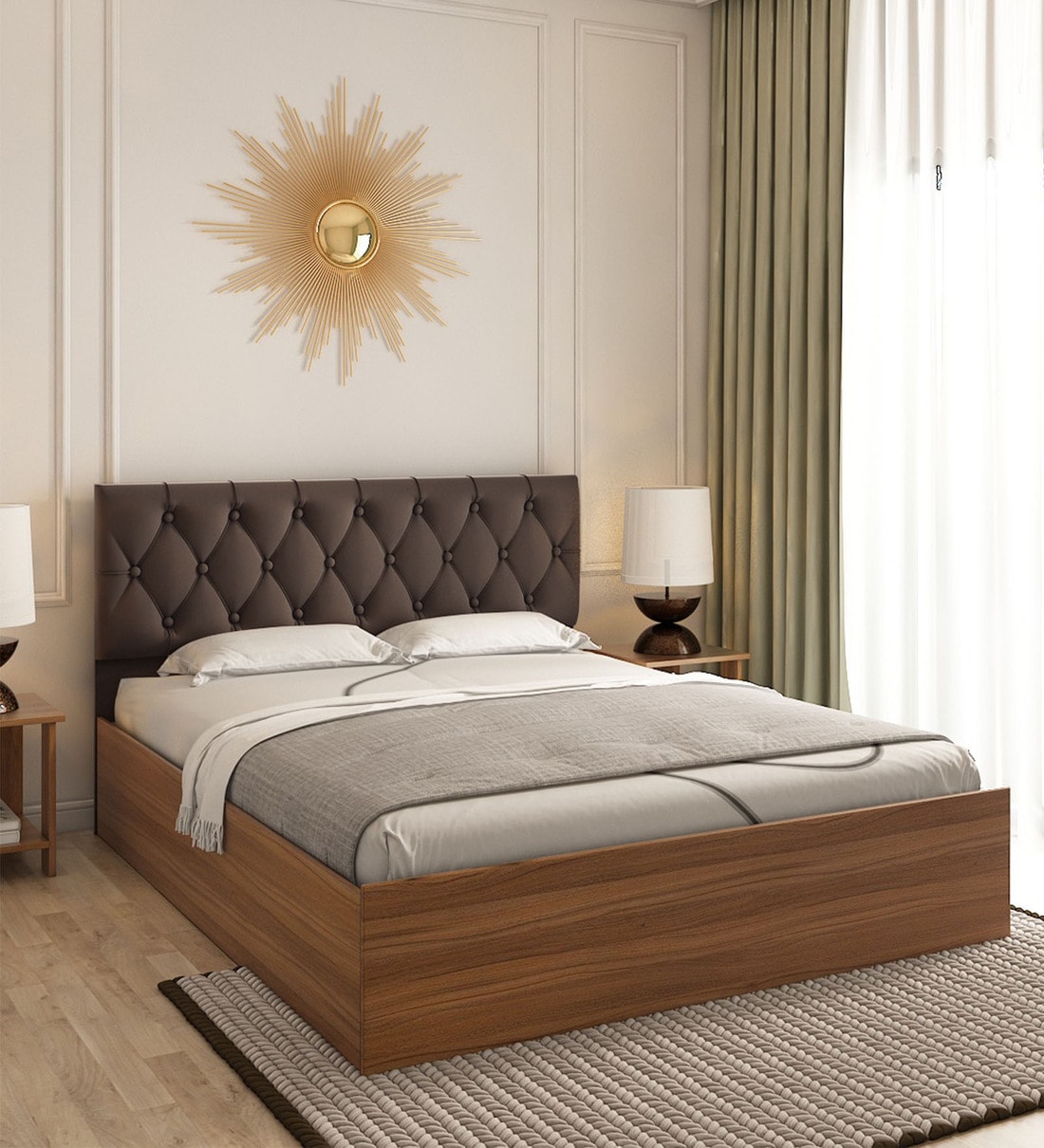 Buy Comet King Size Bed in Exotic Teak Finish with Hydraulic Storage Online Contemporary King