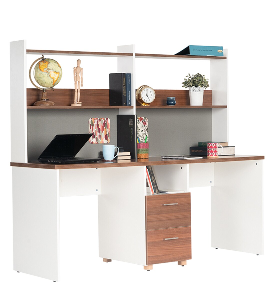 Buy Connor 2 Person Dual Hutch Desk in Frosty White & Classic Walnut