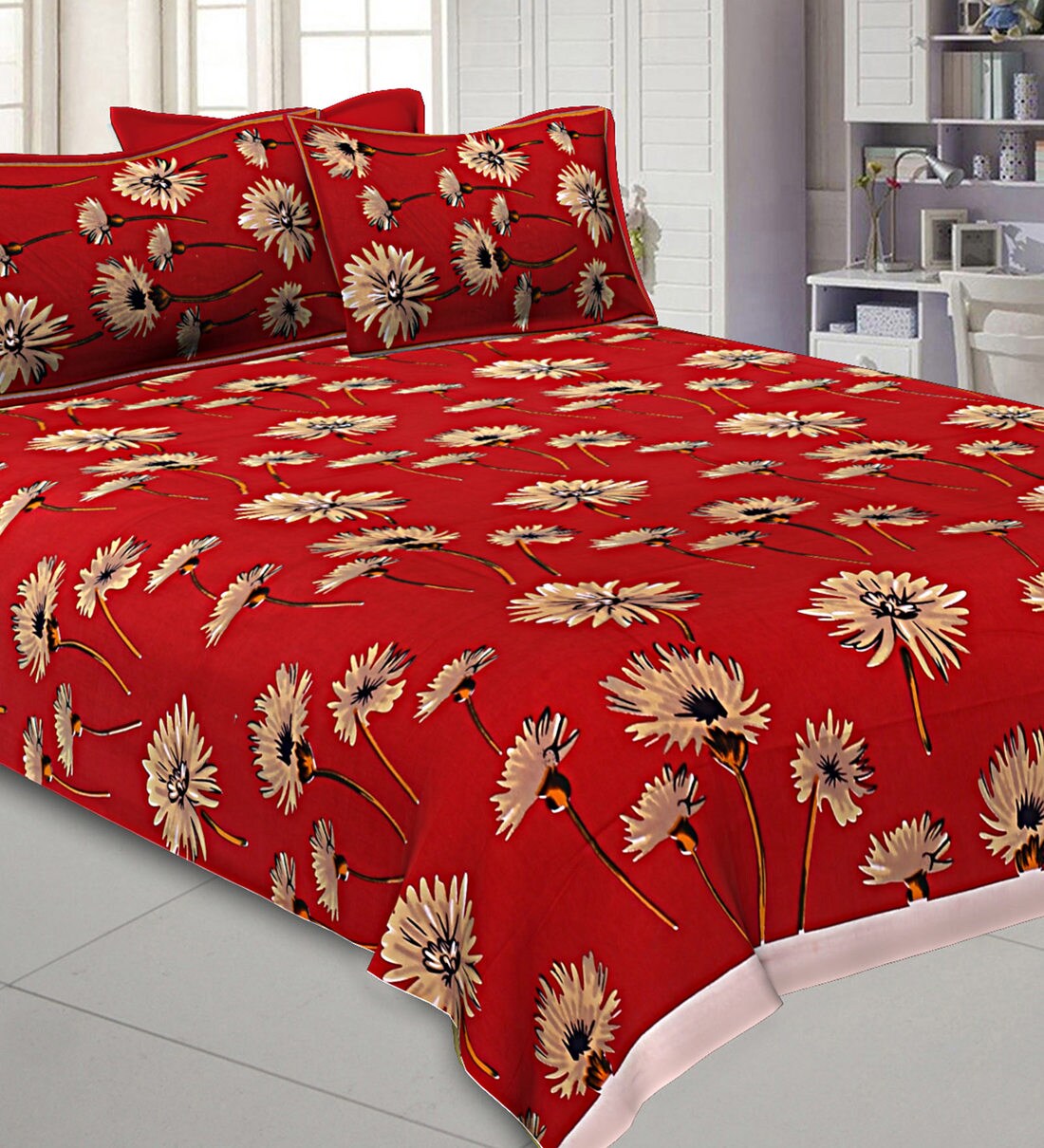 Buy Red Floral 200 TC Cotton 1 Double King Size Bedsheet with 2 Pillow