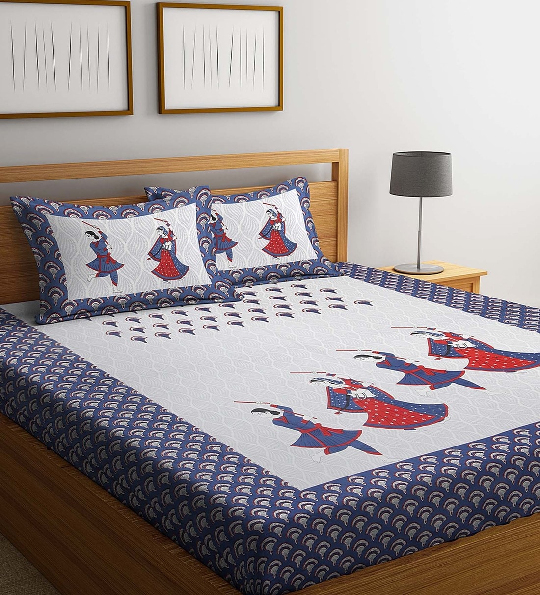 Buy Blue Traditional 144 TC Cotton 1 Double Bedsheet with 2 Pillow