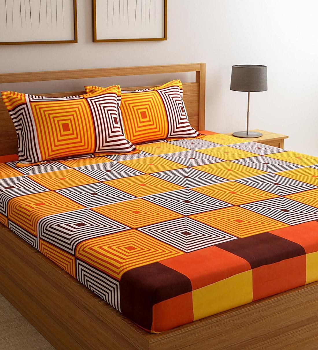 Buy Yellow Geometric 144 TC Cotton 1 Double Bedsheet with 2 Pillow