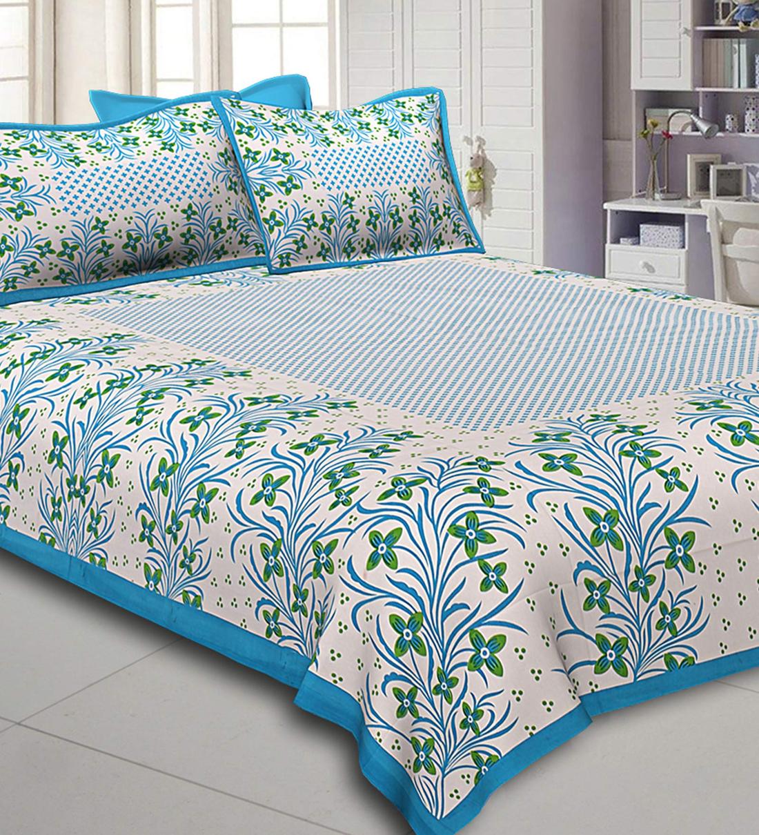 Buy Blue Floral 200 TC Cotton 1 Double King Size Bedsheet with 2 Pillow