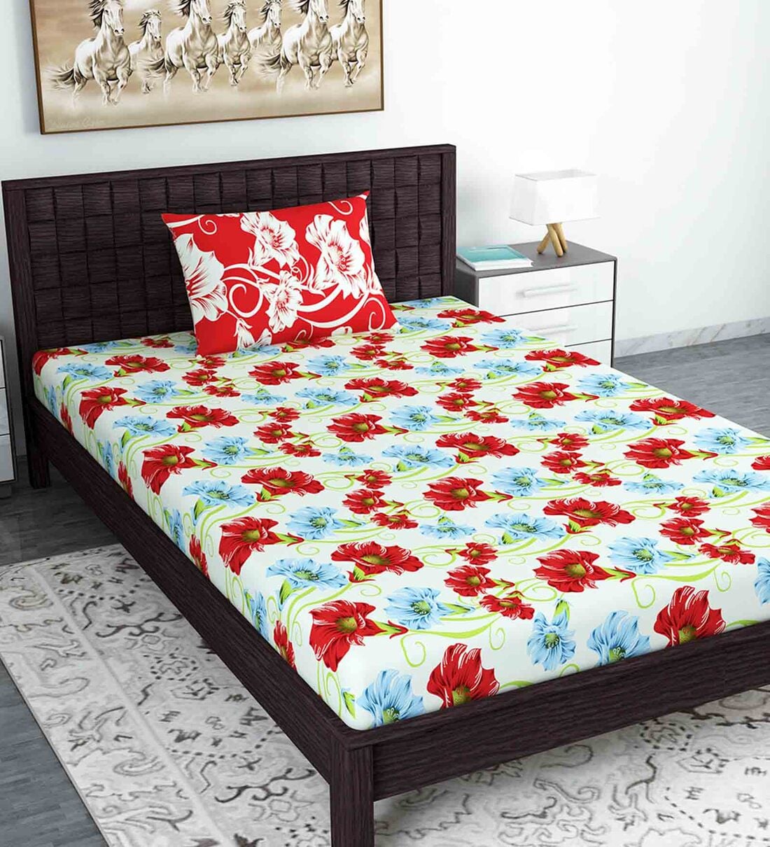 Buy Red Floral 180 TC Cotton Single Bed Sized Bed Sheets With 1 Pillow