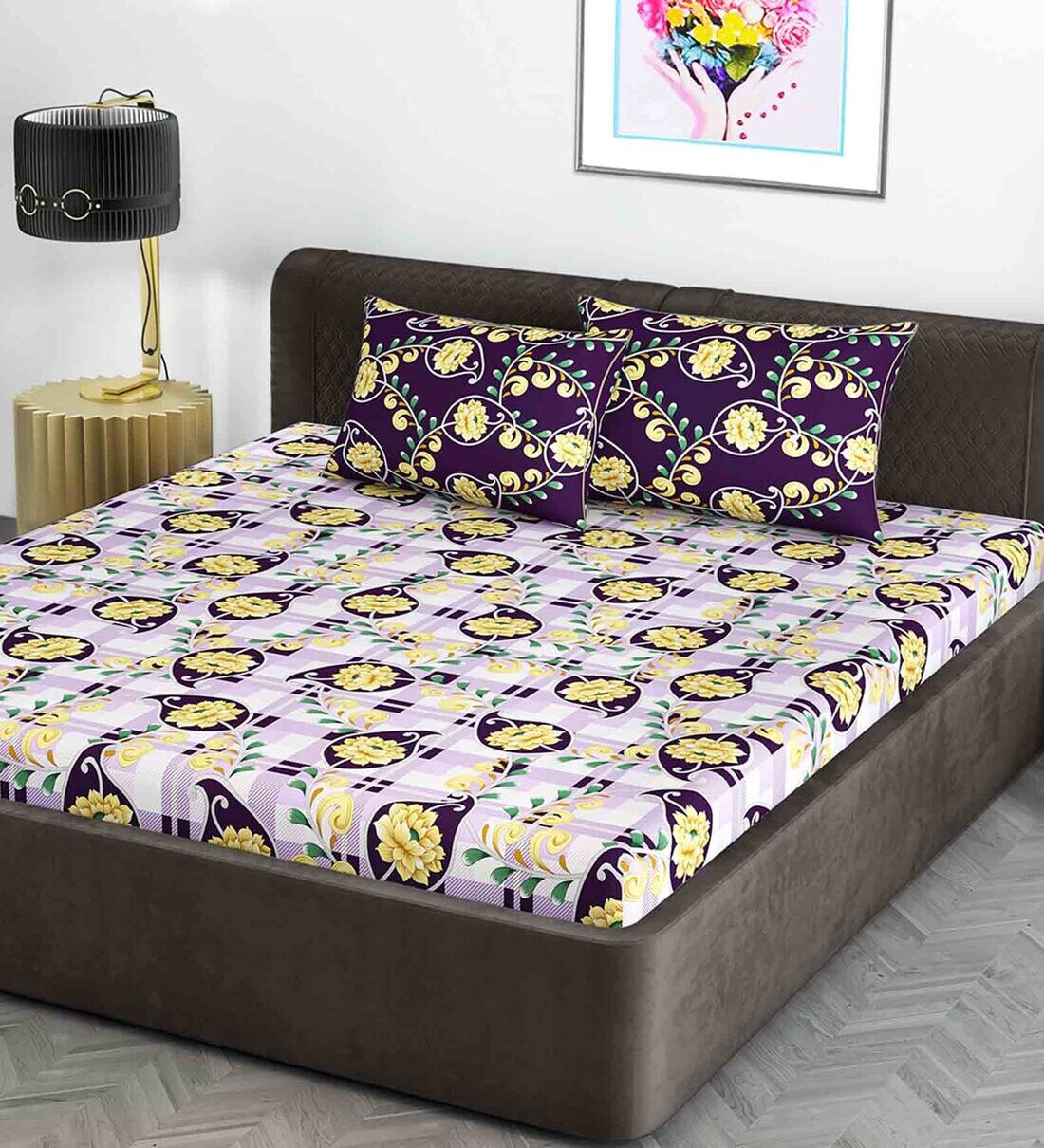Buy Purple Floral 180 TC Cotton Queen Sized Bed Sheets with 2 Pillow