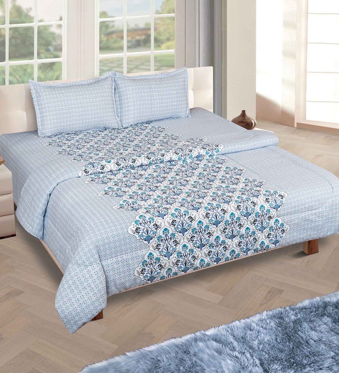 Buy Blue Traditional 200 TC Cotton 1 Double King Size Bedsheet with 2