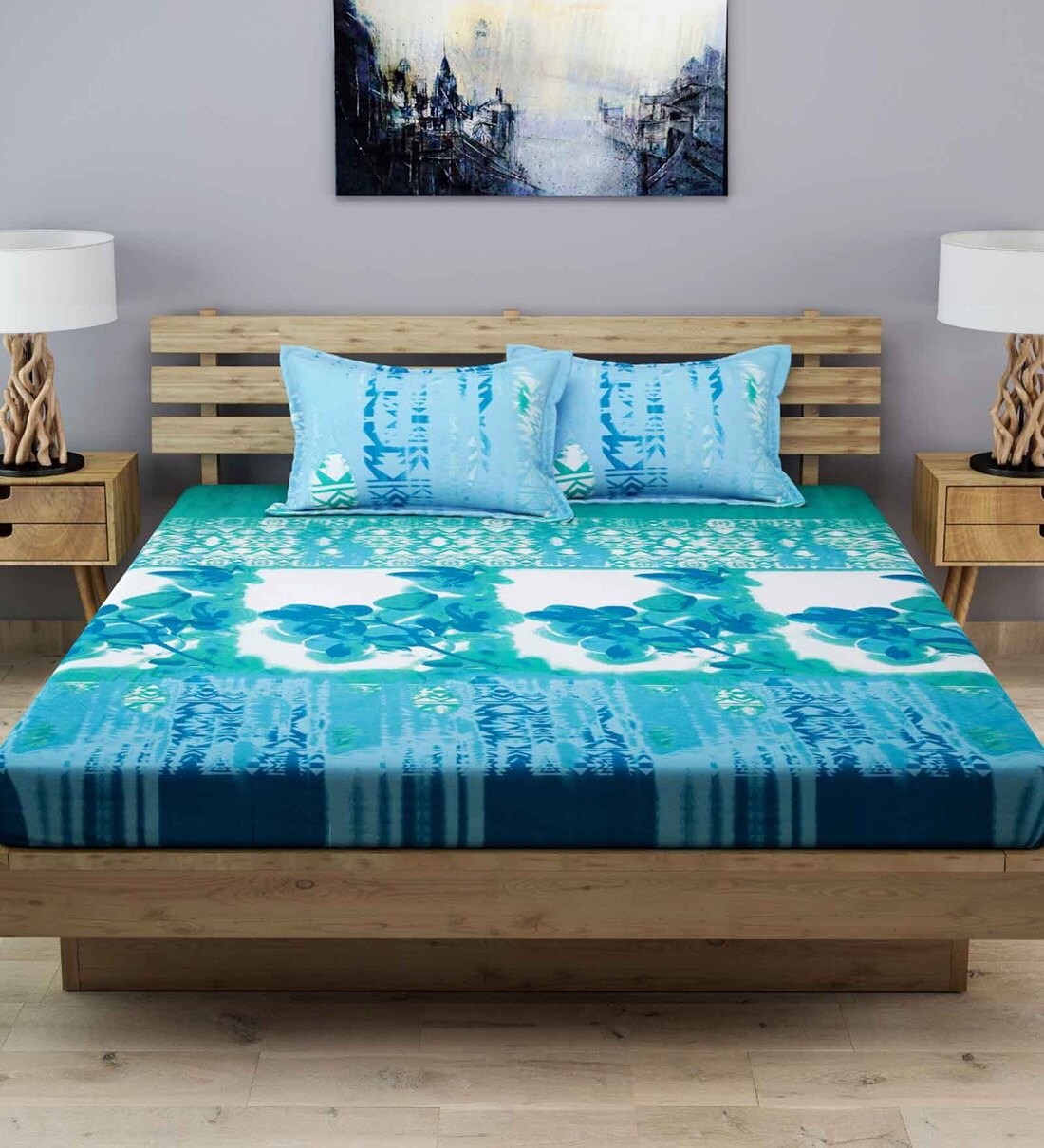 Buy Blue Floral 210 TC Cotton 1 Double Bedsheet with 2 Pillow Covers by