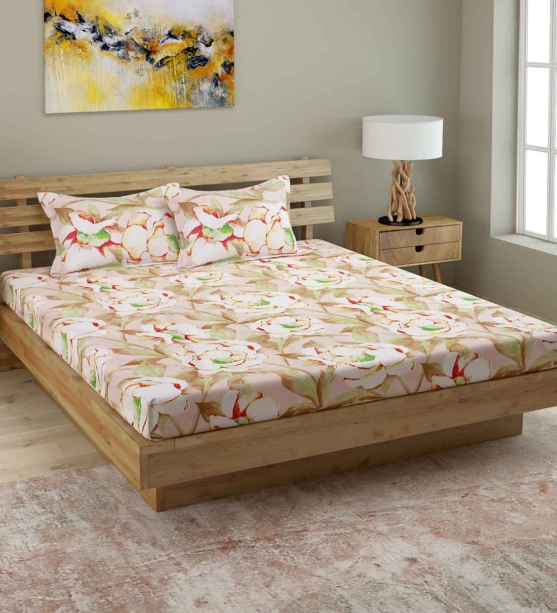 Buy Cream Floral 210 TC Cotton 1 Double Bedsheet with 2 Pillow Covers