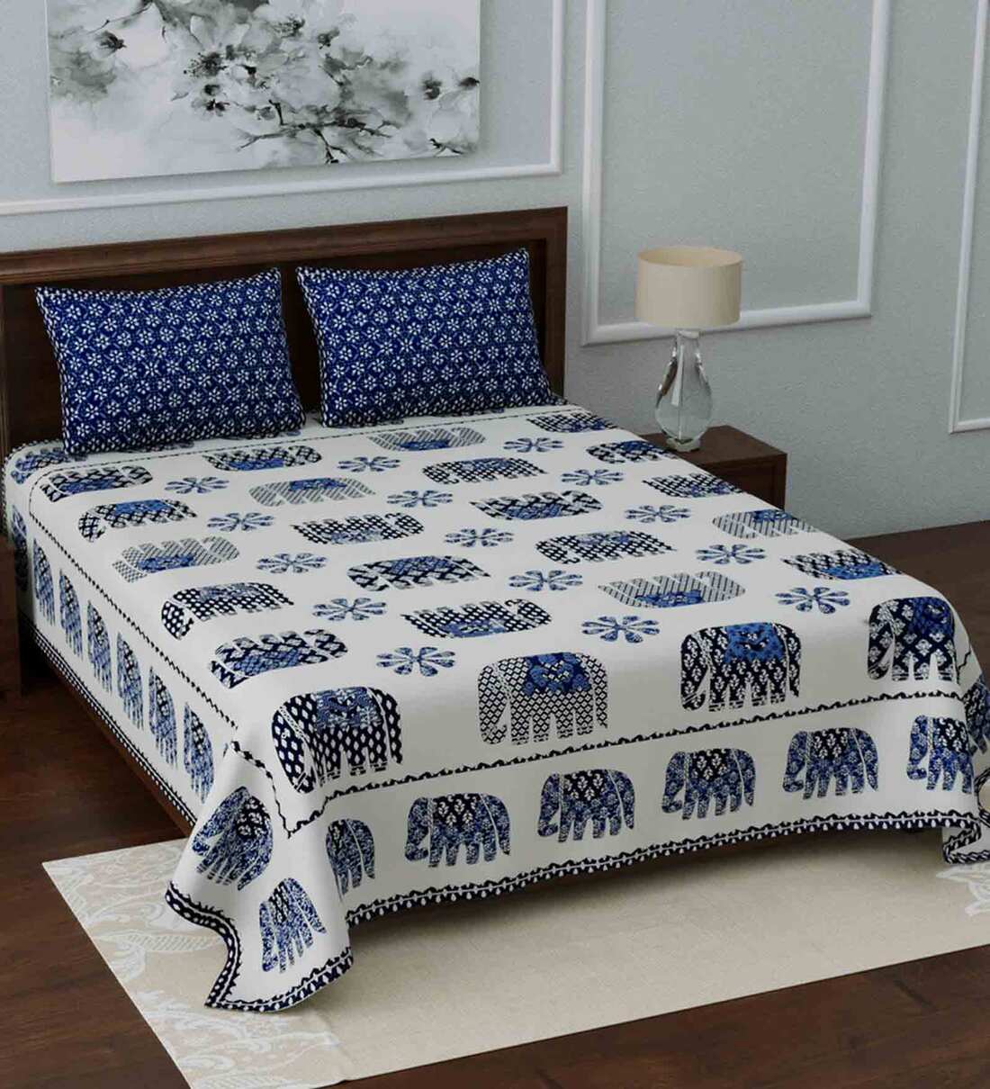 Buy White Traditional 210 TC Cotton Blend Queen Sized Bed Sheets with 2